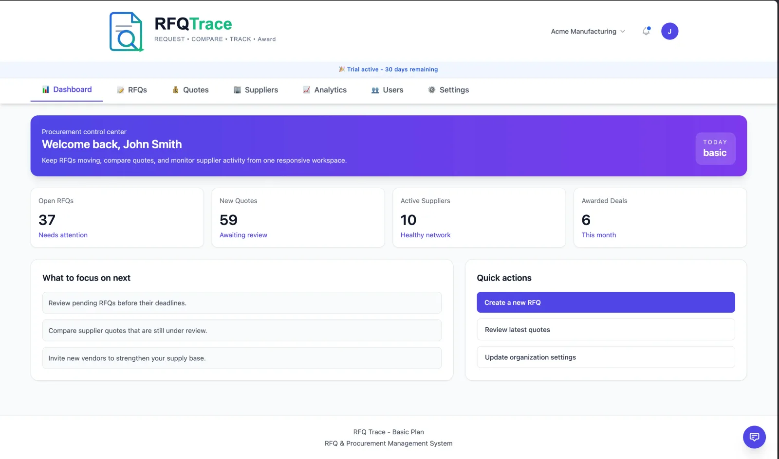 RFQTrace dashboard showing RFQ and supplier quote tracking